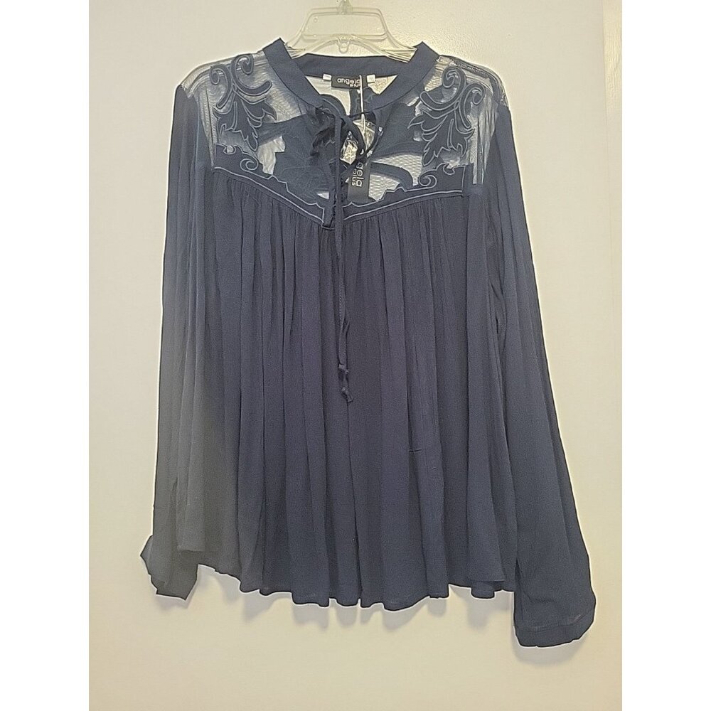 Angela Plus Romantic Mesh Lace Applique Blouse Long Sleeve Blue 3X NWT